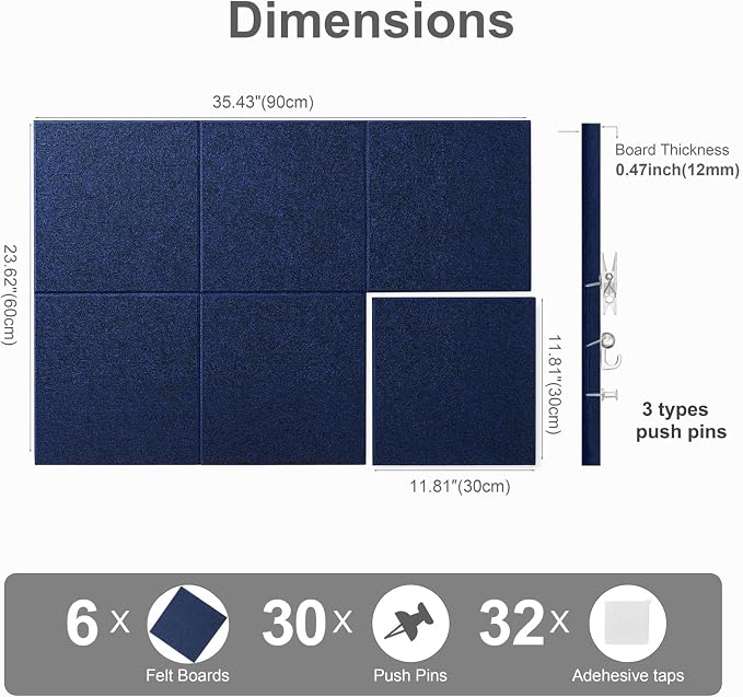 Felt Wall Tiles Bulletin Board Large Cork Board Alternative 6 Pack 11.81”x11.81”x0.47” Felt Pin Board Tack Board with Safe Removable Adhesive Tabs for Home Office School 36x24 (Dark Blue)