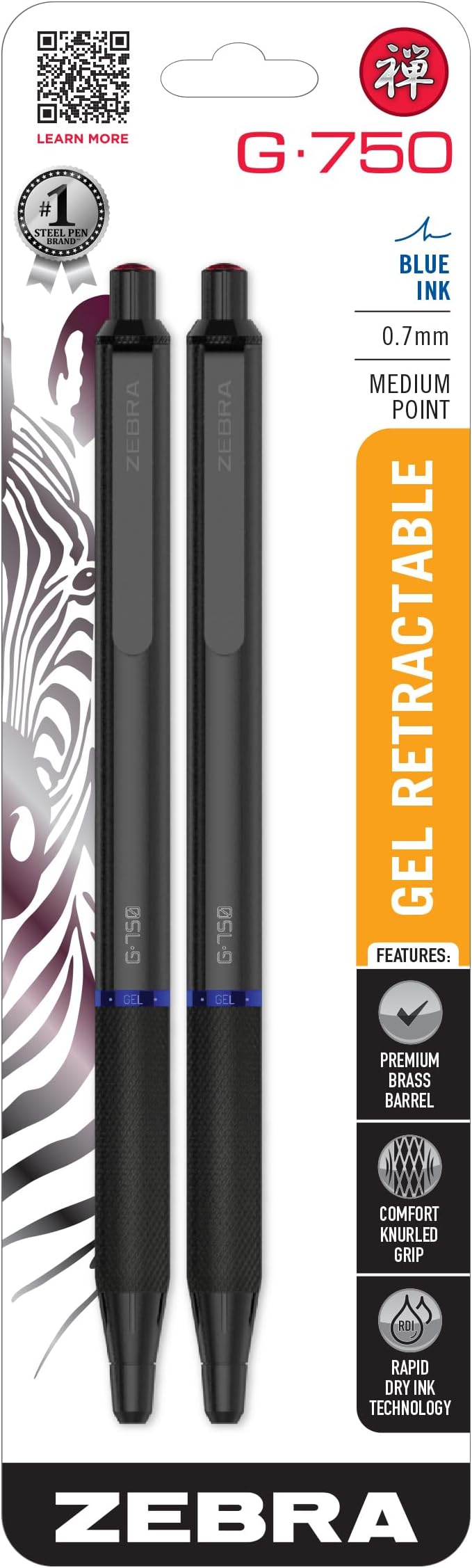 Zebra Pen – STEEL Series Premium Gel Pens – G-750 Retractable, 0.7mm Medium Point Blue Ink, Rapid Dry Ink, Comfort Knurled Grip, Black Brass Barrel, Refillable, Japanese Craft Detail, 2-Pack (49822)