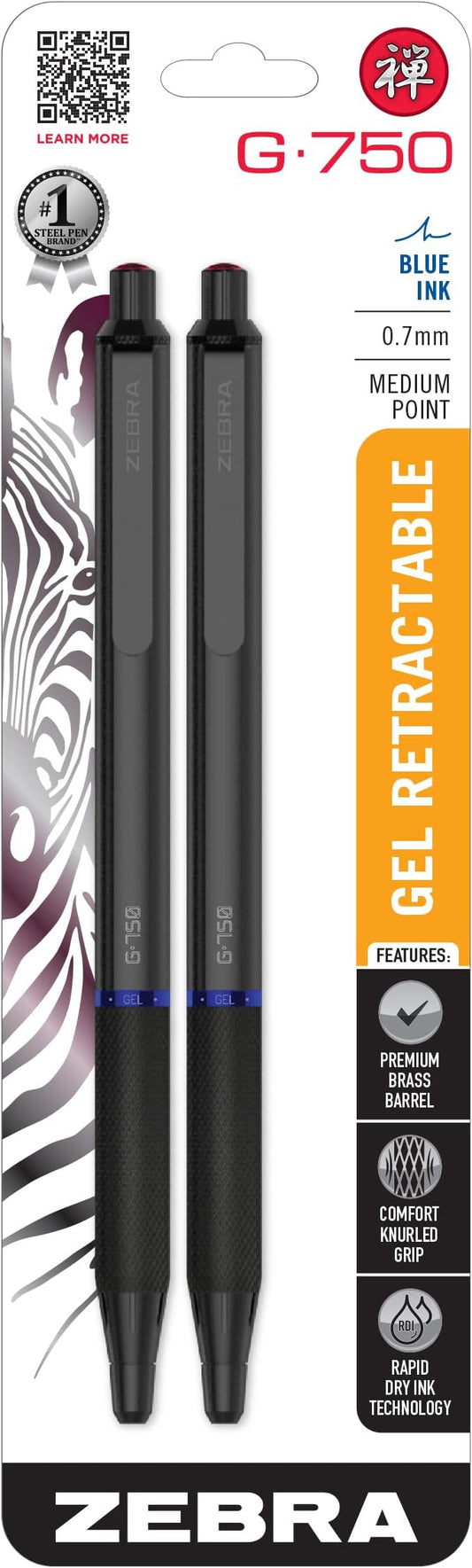 Zebra Pen – STEEL Series Premium Gel Pens – G-750 Retractable, 0.7mm Medium Point Blue Ink, Rapid Dry Ink, Comfort Knurled Grip, Black Brass Barrel, Refillable, Japanese Craft Detail, 2-Pack (49822)