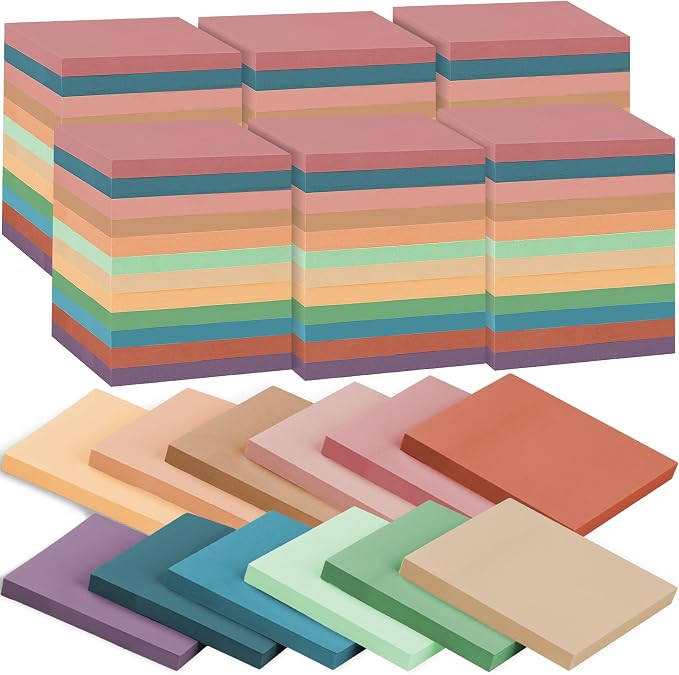 60 Pack Sticky Notes Bulk 3x3 Inch 12 Vintage Colors Memo Pads | 56 Sheets Each, Self Adhesive Notes, Smooth Paper, Office Supplies, Back to School, Teacher, Student, Planning