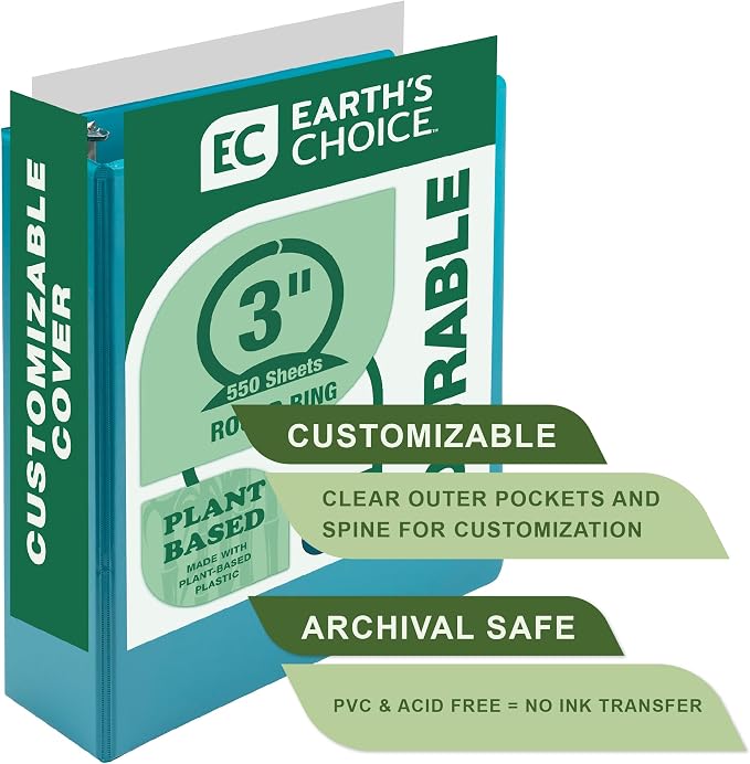 Samsill Plant-Based 3 Inch Durable Round Ring, View Binder, Eco-Friendly, USDA Certified Biobased, Single, Turquoise