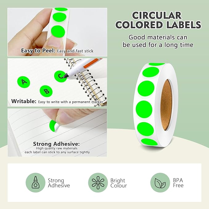 PARLAIM 1/2 Inch Diameter Dot Stickers, 10 Rolls 10000pcs Fluorescent Green Self-Adhesive Color-Code Dot Stickers Permanent Adhesive Round Circle Labe