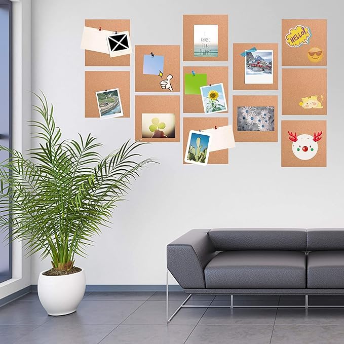SUNGIFT Cork Board Tiles 12"x12" - 1/2 Inch Thick, 12 Pack | Self-Adhesive Square Bulletin Boards with 100 Push Pins for Photo Walls, Office Notes and Dorm Decor