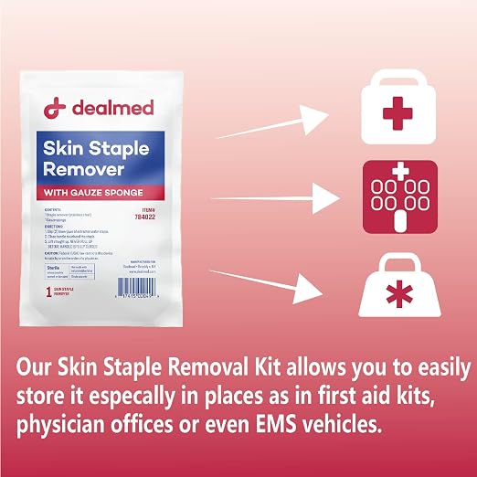 Dealmed Sterile Staple Removal Kit - Includes Remover and Gauze - 50 Kits | Stainless Steel Instrument, Disposable, 3 x 3 in Sponge, Tyvek Peel Back Tray, For EMT EMS Hospitals, Class I OTC Device
