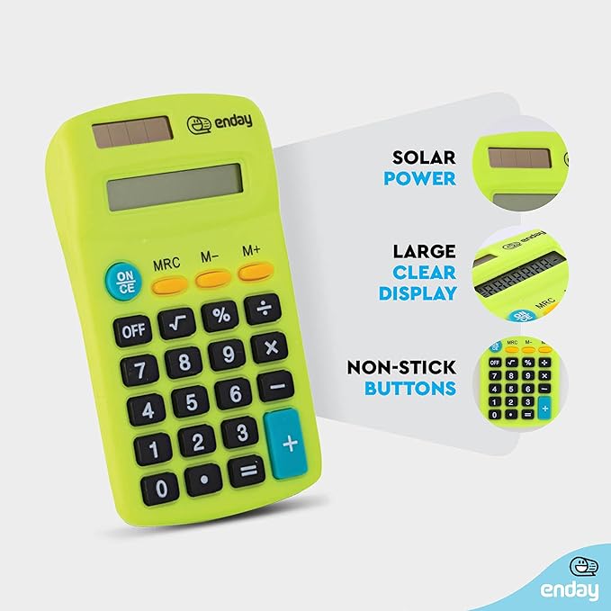 Calculator Green, Basic Small Solar and Battery Operated, Large Display Four Function, Auto Powered Handheld Calculator School and Kids Available in Blue, Red, Purple, Grey, Pink, 24 PK – by Enday