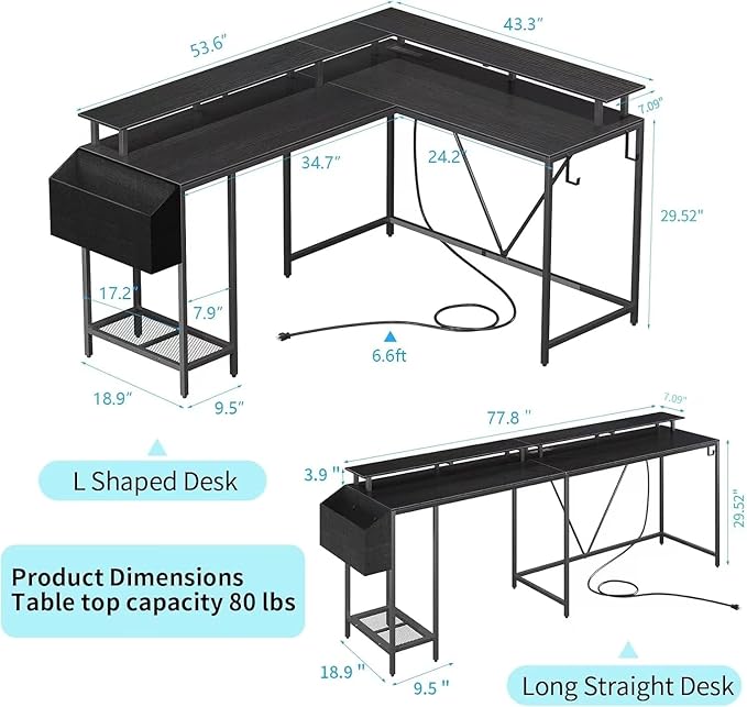 L Shaped Gaming Desk with Power Outlets and LED Lights, 53 inch Cornor Computer Desk with Storage Shelves, Gamer Desk with Storage Bag and Hooks Home Office Table for Bedroom Living Room Black
