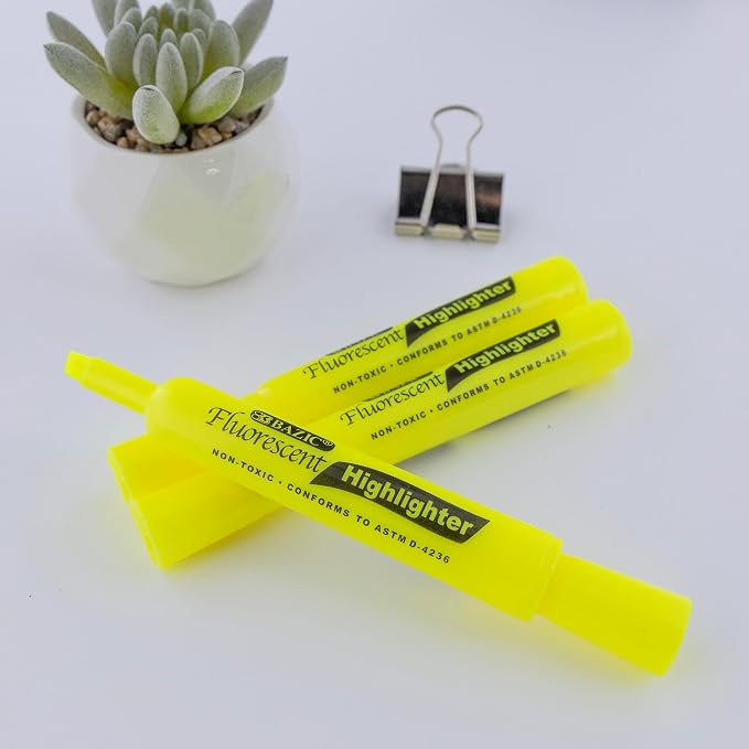 BAZIC PRODUCTS Yellow Highlighters, Chisel Tip, 3 Count, 144-Case | Quick-dry, Yellow fluorescent desk-style highlighters, wide barrel, non-toxic ink, ASTM D-4236, odorless