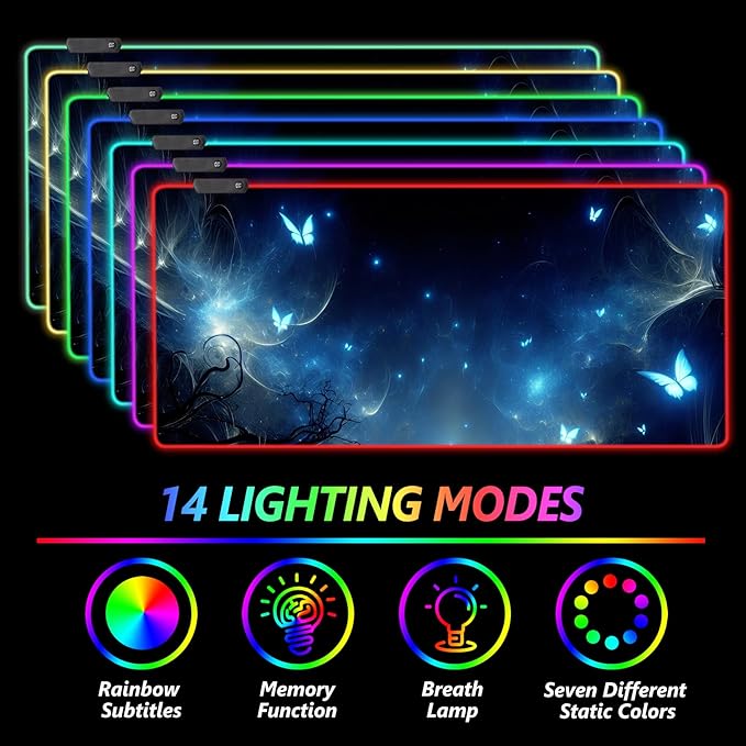 AIMSA RGB Gaming Mouse Pad XXL Large, Extended Glowing Led Light Up Cool Mouse pad Desk Pad Non-Slip Rubber Cute Mousepad Mat 35.4x15.8 Inch, Mysterious Glowing Butterfly