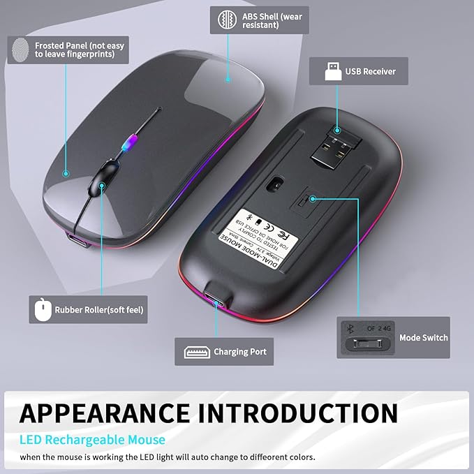 Wireless Bluetooth Mouse – Rechargeable, Silent, Dual Mode (Bluetooth 5.2 & USB) with LED Lights – Portable for Laptop, Desktop, & Tablet(Grey)