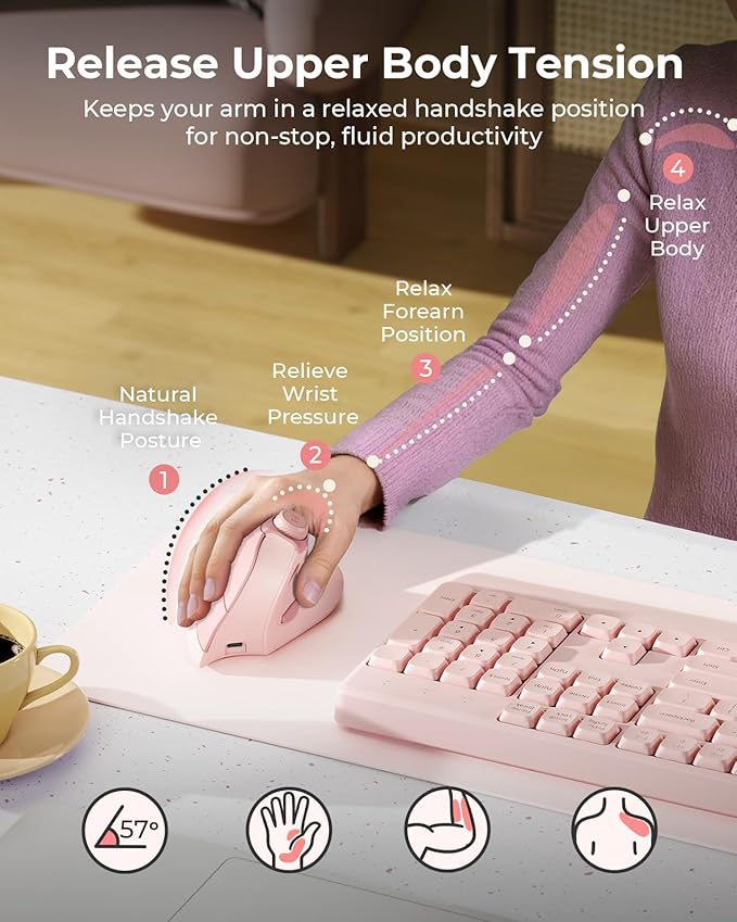 seenda Ergonomic Mouse Wireless, MOU-302 Bluetooth Vertical Mouse Rechargeable, Optical Mice with 1000/1600/2400 DPI, Volume Knob, 3 Multi-Device Connectivity for Computer/PC/Laptop/Mac, Pink