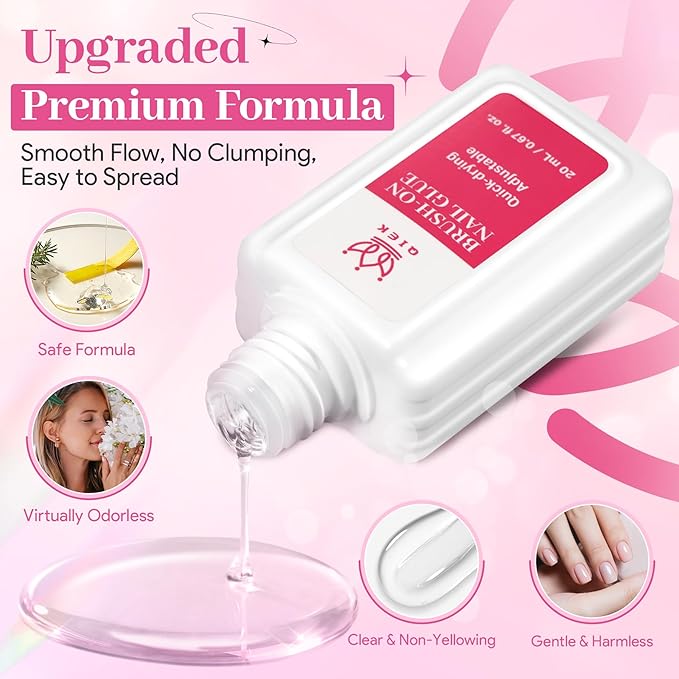 Strong Nail Glue for Press On Nails, Waterproof Brush On Nail Bond Adhesive, Safe Non-Toxic Formula, No UV Light Needed Fast Drying Long Lasting Super Hold for Acrylic Fake Nail Tips, 20ml/0.67fz