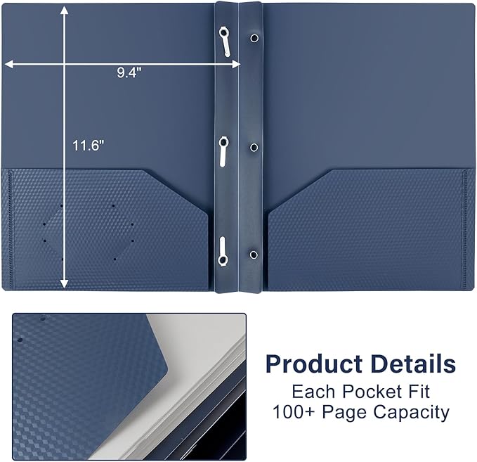60-Pack Plastic Folders with Pockets and Prongs,2-Pocket Folders with 3 Fasteners, Poly Folders Holds 8-1/2" x 11" Paper for School/Office/Home, Blue