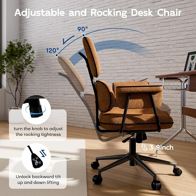 Brown Office Chair, Memory Foam Seat Mid Century Modern Desk Chair | 3.9" Sloped U-Shaped Memory Foam Cushion, Granular Linen Fabric, Lumbar Support, 1.2mm Sturdy Metal Tube, 400LBS Capacity