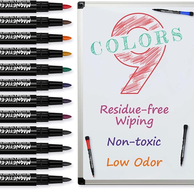 JR.WHITE Magnetic Dry Erase Markers Fine Tip, 9 Colors (12 Pack) Whiteboard Markers with Eraser Cap, Low Odor Erasable Markers Dry Erase Pens for Calendar Whiteboard, Refrigerator, Classroom, Office