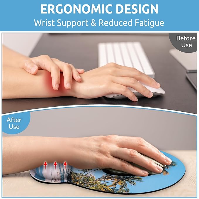Ergonomic Mouse Pad with Wrist Rest, Small Mousepad with Non-Slip Rubber Base and Smooth Surface, Beach Mouse Pads for Desk, Office Desk Accessories