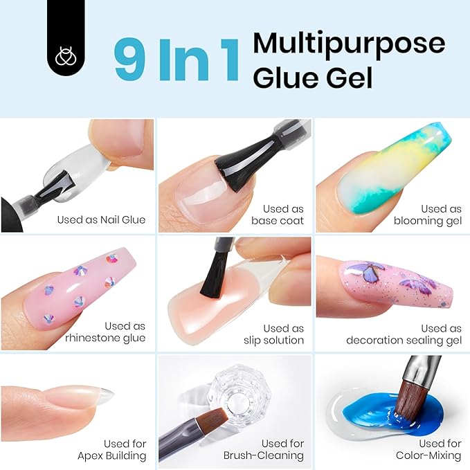 Beetles 9 in 1 Gel Nail Glue for Acrylic Nails Tips, 2 Pcs 10ml Super Strong Nail Glue for Clear False Nails Tips Base Coat Rhinestones Blooming Art Spring Nails Long Lasting U V Light Cure