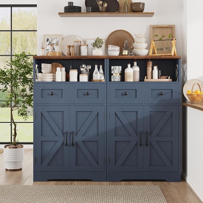 Farmhouse Storage Cabinet with Drawers, Small Kitchen Pantry Cabinet, Blue | Accent Coffee Bar Cabinet Cupboard, 2 Drawers, 2 Barn Doors & Adjustable Shelves, for Kitchen/Entryway/Living Room/Bathroom