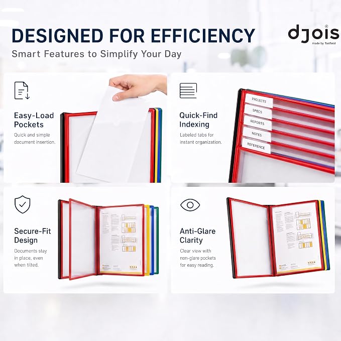 Tarifold Desktop Reference System, 10 Pockets, Easy-Load Design, Assorted | 10 Double-Sided Polypropylene Pockets, Holds 20 Letter-Size Sheets, Sturdy Metal Base, Quick and Easy to Assemble