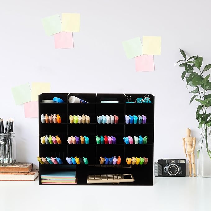 MotiMind Acrylic Pen Organizer Storage for 200 Markers Vertical Marker Organizer Acrylic Pen Display Holder for Office Desk Desktop Stationery Pencil Storage, Black, 13 x 4 x 10.2 Inch
