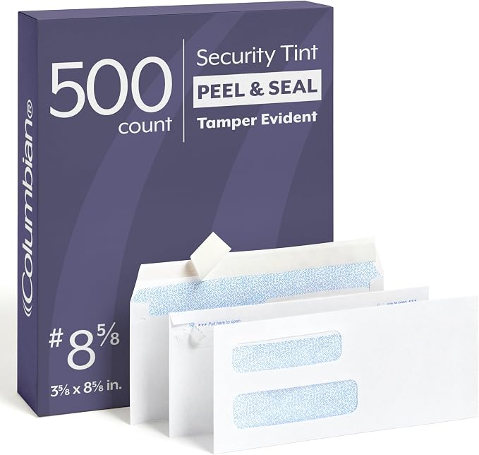 Columbian #8-5/8 Security Envelopes, 500 Pack, Double Window Self Seal Envelopes for QuickBooks Checks and Business Mailings, Tamper Evident, 3-5/8" x 8-5/8", Durable 24 lb White Paper
