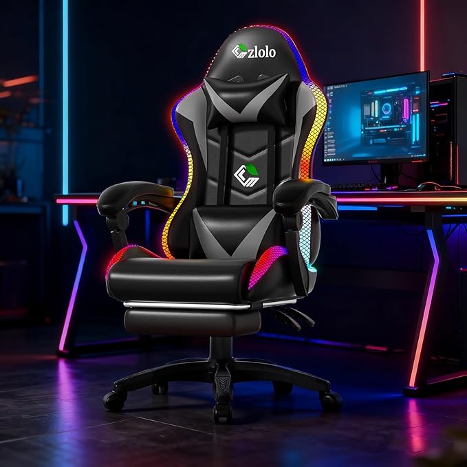 Gaming Chair, RGB LED Lights Computer Chair with Footrest, Lumbar Support Massager Gamer Chair, High Back, 90-135° Reclining, Linkage Armrests, Gray