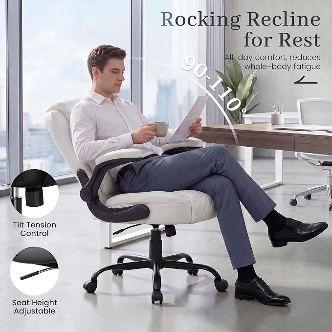 GTPOFFICE Executive Office Chair with Comfortable Lumbar Support, Ergonomic Gaming Chair with Flip-up Armrests & Zoned Pressure-Relief Cushion, Comfy PU Leather Desk Chair, White