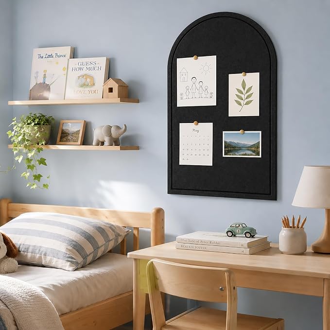Large Arched Felt Bulletin Board, Sized 36" x 24" for Office & Wall Decor – 6 Customizable Adhesive Tiles with Pins are Perfect to Display Your Photos (Black-B)