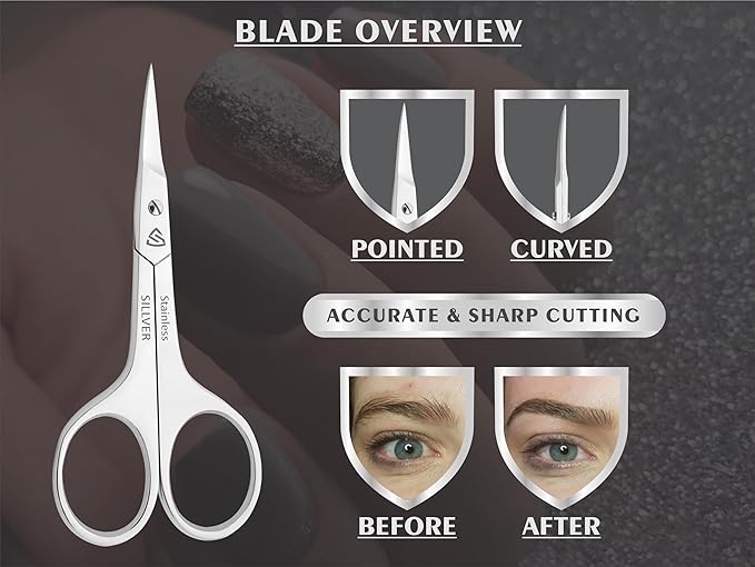 SILLVER Nail Scissors Curved Professional for Women and Men, Facial Hair Small Grooming Scissors for Nail, Eyebrows, Nose Hair, Mustache, Beard, Eyelashes, Dry Skin - Manicure Scissors