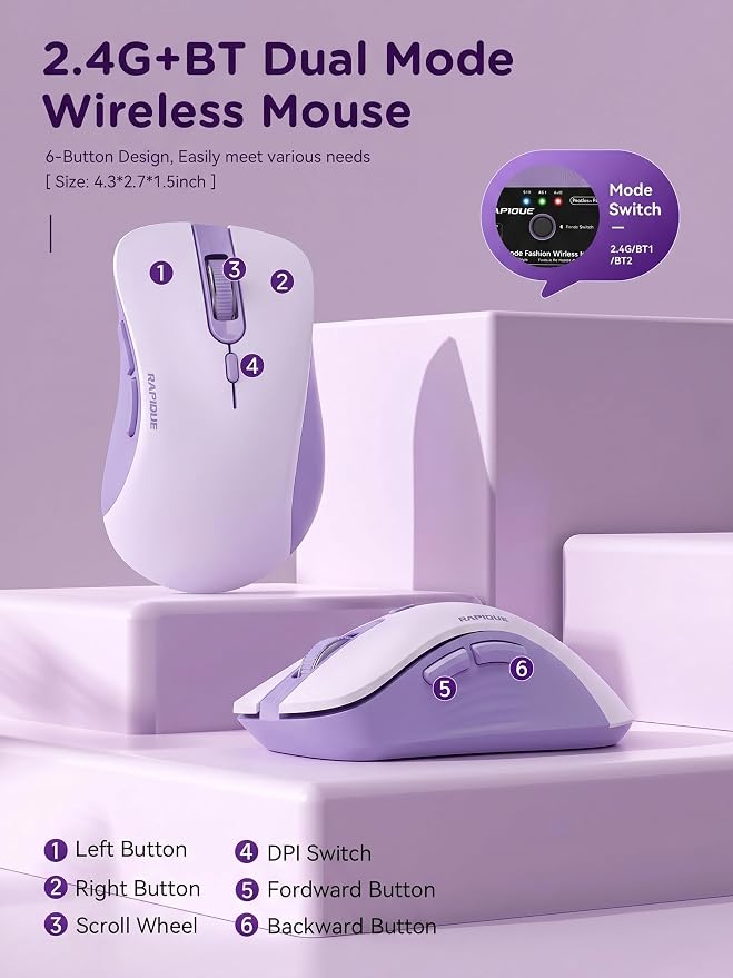 RAPIQUE Bluetooth Wireless Mouse, Dual Bluetooth & 2.4GHz, Purple | Right-Hand Design, Quiet Clicks, Low Power, 3-device switching, Portable Multi-Device for MacBook, Laptop, Computer, iPad, PC