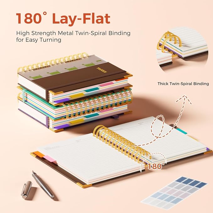 XYark A5 Hardcover Spiral Notebook, 6.3"x8.5" College Ruled Notebooks with Removable Dividers Tabs & Ruler, 5 Subject Notebook 300 Pages, Small Lined Journal for Women Men School Work Office, Brown