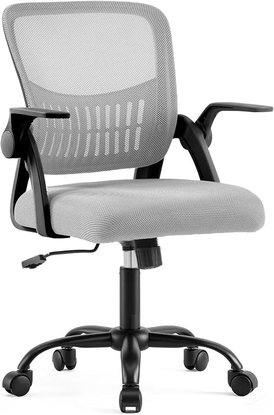 DUMOS Home Office Chair, Computer Desk Chair, Lumbar Support | Ergonomic Mesh, Flip-up Armrest Height Adjustable, Rocking Mode 360 Swivel, Meeting Room, Grey
