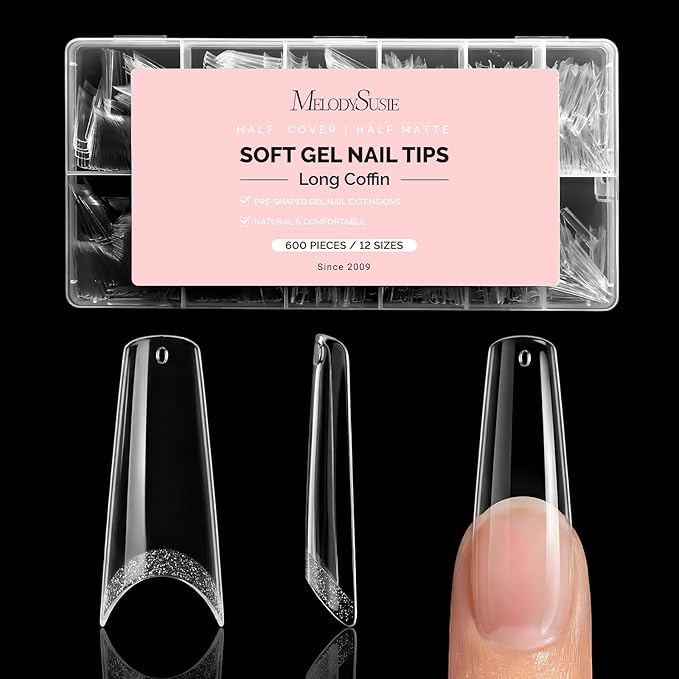 MelodySusie Long Coffin X Nail Tips - 600Pcs 12 Sizes Clear Acrylic, Half Matte Half Stick Press on Nails for DIY Extension & Salon Use, Pre-Shaped for Long-Lasting Manicure,Fall Winter Nails