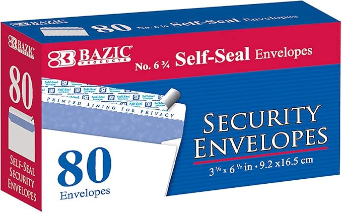 BAZIC Security Self Seal Envelope 3 5/8" x 6 1/2" #6, No Window Tint Pattern Mailing Envelopes, Peel & Seal (80/Pack), 1-Pack