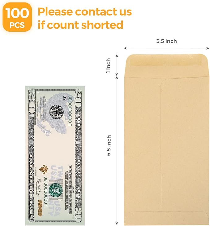 ACSTEP 100 PACK Brown Cash Envelopes 3 1/2 x 6 1/2 for Budgeting, Small Kraft Money Envelopes Self Adhesive for Cash, Coins, Check, Seeds, Money Savings Challenges