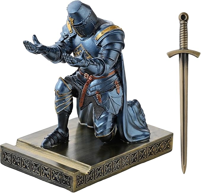 Medieval Templar Vanguard Officer Knight Pen Holder Desk Organizers Blue | Pencil Stand Paperweight Desktop Decoration Accessories Cell Phone Stand with a Fancy Sword for Medieval Warrior Enthusiast