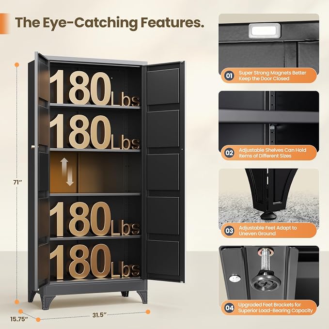 Metal Storage Cabinet with 2 Doors and 4 Adjustable Shelves - 71" Black Kitchen Pantry Storage Cabinet,4-Tier Tall Steel Cabinet Locker for Living Room,Dining Room,Kitchen