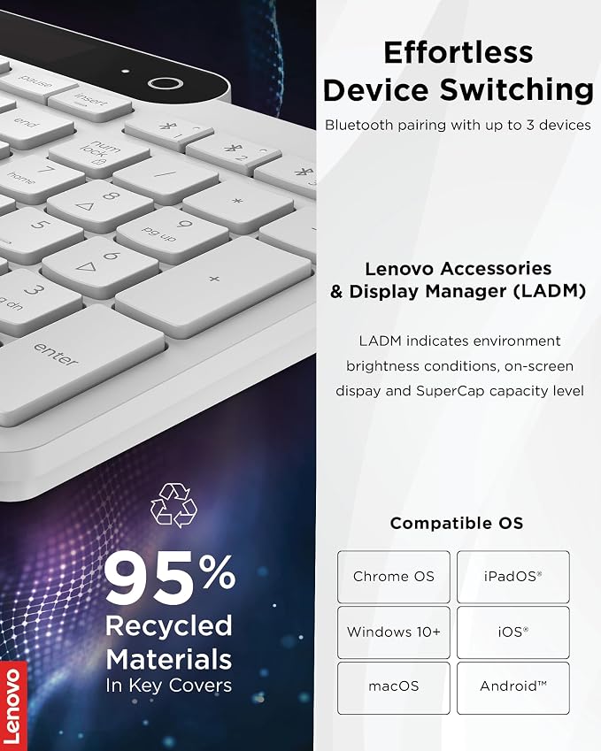 Lenovo 800 Self-Charging Bluetooth Keyboard, Battery-Free Wireless Keyboard with Light-Powered Charging, Multi-Device BT 5.1, Connect Up to 3 Devices, Compatible with Windows, macOS, ChromeOS, White