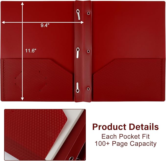 60-Pack Plastic Folders with Pockets and Prongs,2-Pocket Folders with 3 Fasteners, Poly Folders Holds 8-1/2" x 11" Paper for School/Office/Home