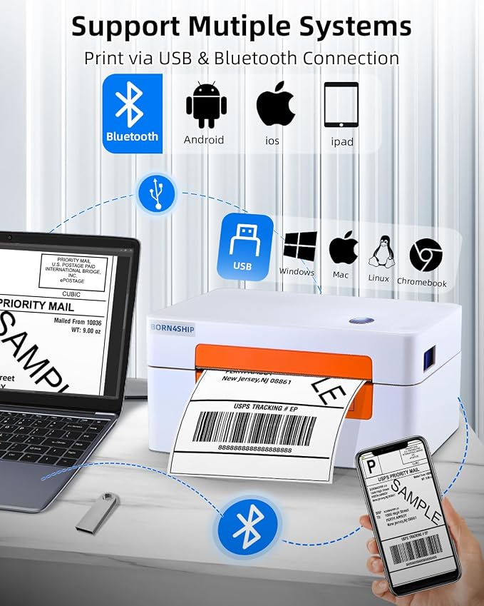 Bluetooth Shipping Label Printer, 4x6 Thermal Printer for Shipping Packages, Thermal Label Printer for Small Business, Widely Used for Amazon, iPhone, Android, iPad,Windows,macOS (Orange)