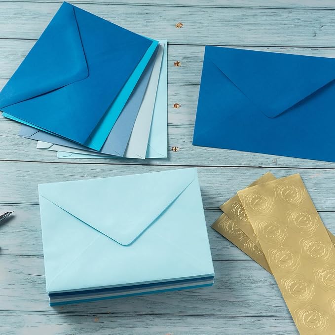 50 Pack Colored A7 Invitation Envelopes 5x7 Blue, 5 1/4 x 7 1/4 in | 5 Colors Envelopes with Gold Stickers For Cards and Invitations