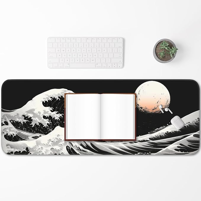 Gaming Mouse Pad, Japanese Mouse Pad, Non-Slip Rubber Base, for Laptop, Office and Home, 31.5x11.8 Inch Desktop Waterproof Desk Pad, Ocean Wave Anime Black Gaming