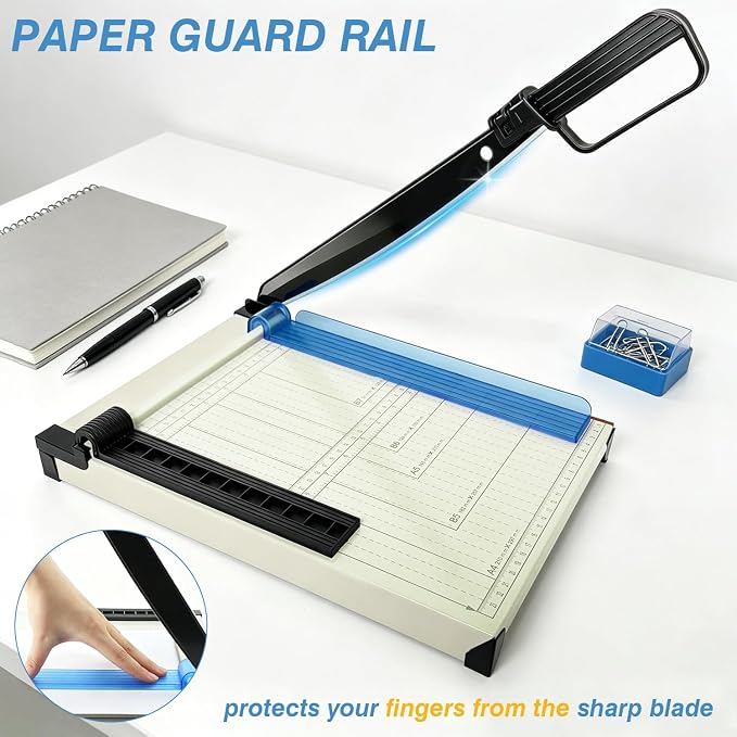 Paper Cutter, 12" Cut Length Guillotine Trimmer, Paper Cutting Board with 10 Sheet Capacity Papers, Metal Base Papers Slicer with Safety Guard for Classroom Office Home Cardstock Crafts & Photo