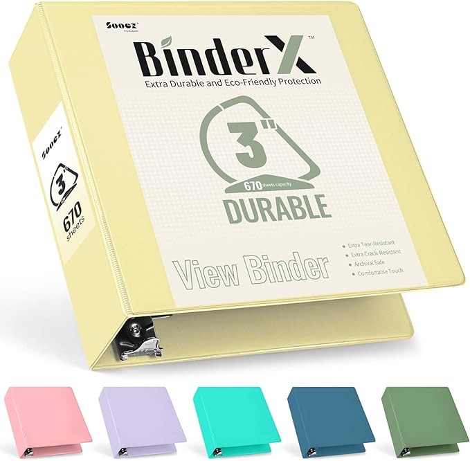 Sooez BinderX Extra Durable 3 Inch 3 Ring Binder, D-Ring Large Binders, Holds 670 Sheets of 8.5x11 Paper, Customizable View Cover with Inside Pockets, Heavy Duty 3 Ring Binder for School, Yellow