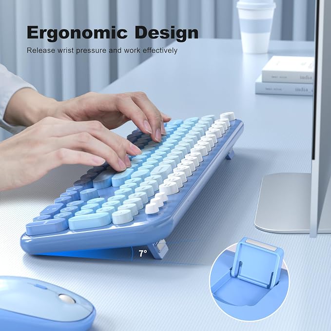 MOFII Wireless Keyboard and Mouse Combo, Computer Full Size 2.4G Plug and Play Wireless Typewriter Retro Round Keyboard and Mouse Set for Windows, Computer, Desktop, PC, Notebook - (Light Blue)