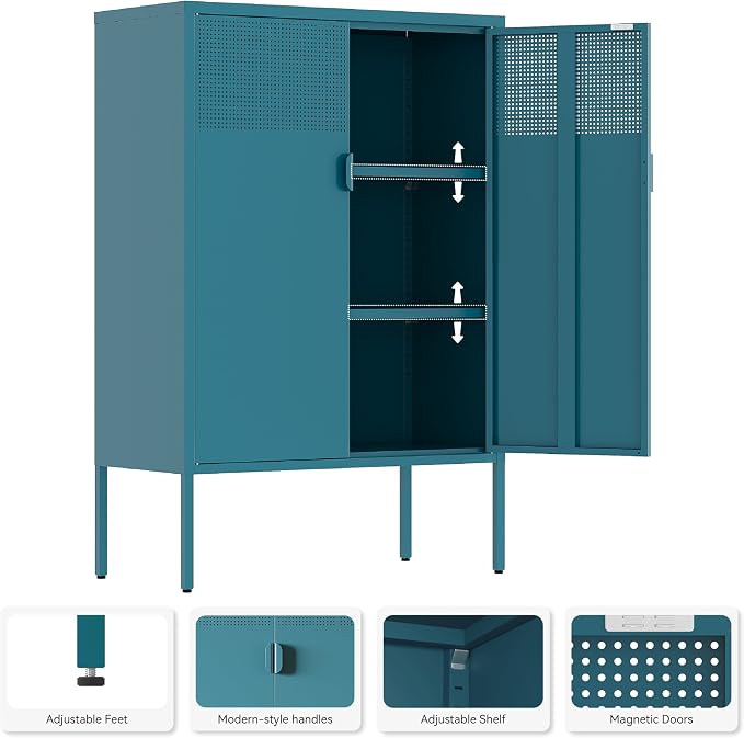 Metal Storage Cabinet,2 Door TV Stand, Metal Mesh Accent Cabinet | Magnetic Door Closure,Low Storage Cabinets with Doors and Shelf for Home,Office,Living Room