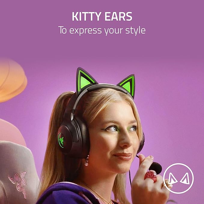 Razer Kraken Kitty V2 USB Wired Headset: Chroma RGB Kitty Ears - Stream Reactive Lighting - HyperClear Cardioid Mic - 40 mm Drivers - 7.1 Surround Sound - Comfortable Ear Cushions - Black
