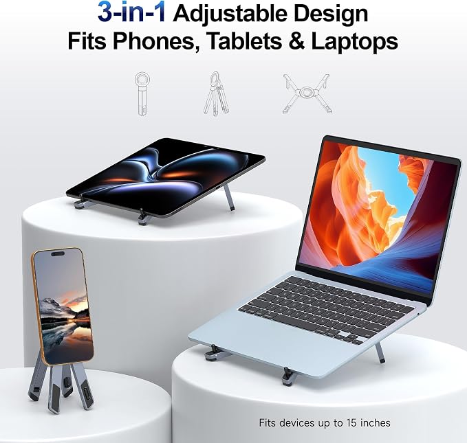 Laptop Stand for Desk, 3-in-1 Magnetic Phone Holder, Foldable | 3-in-1 Portable Laptop Stand, N52 Magnetic Phone Holder, Supports Laptops & Tablets up to 15", Foldable Aluminum Alloy