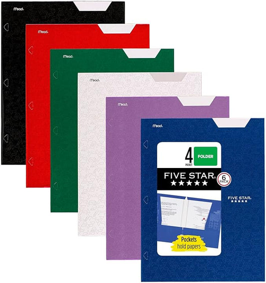 Five Star 4-Pocket Folder,Paper Folder,Fits 3-Ring Binders,Holds 8-1/2" x 11" Paper,Assorted Colors (38058),6 Count (Pack of 8)