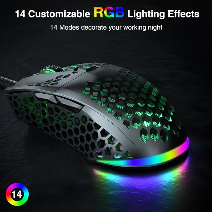 SOLAKAKA SM900 Gaming Mouse Wired with RGB,Honeycomb Shell,12800 DPI Wired Gaming Mouse with Buttons,Computer Mouse for Laptop/PC,Black