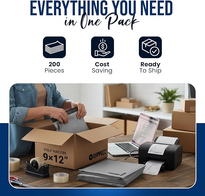 Shippozz 9x12 Poly Mailers 200 Pack, Durable Waterproof Polymailers for Shipping Clothes, Self Seal Mailing Bags for Small Business Packaging Supplies, Mailing Envelopes for Books, and Accessories